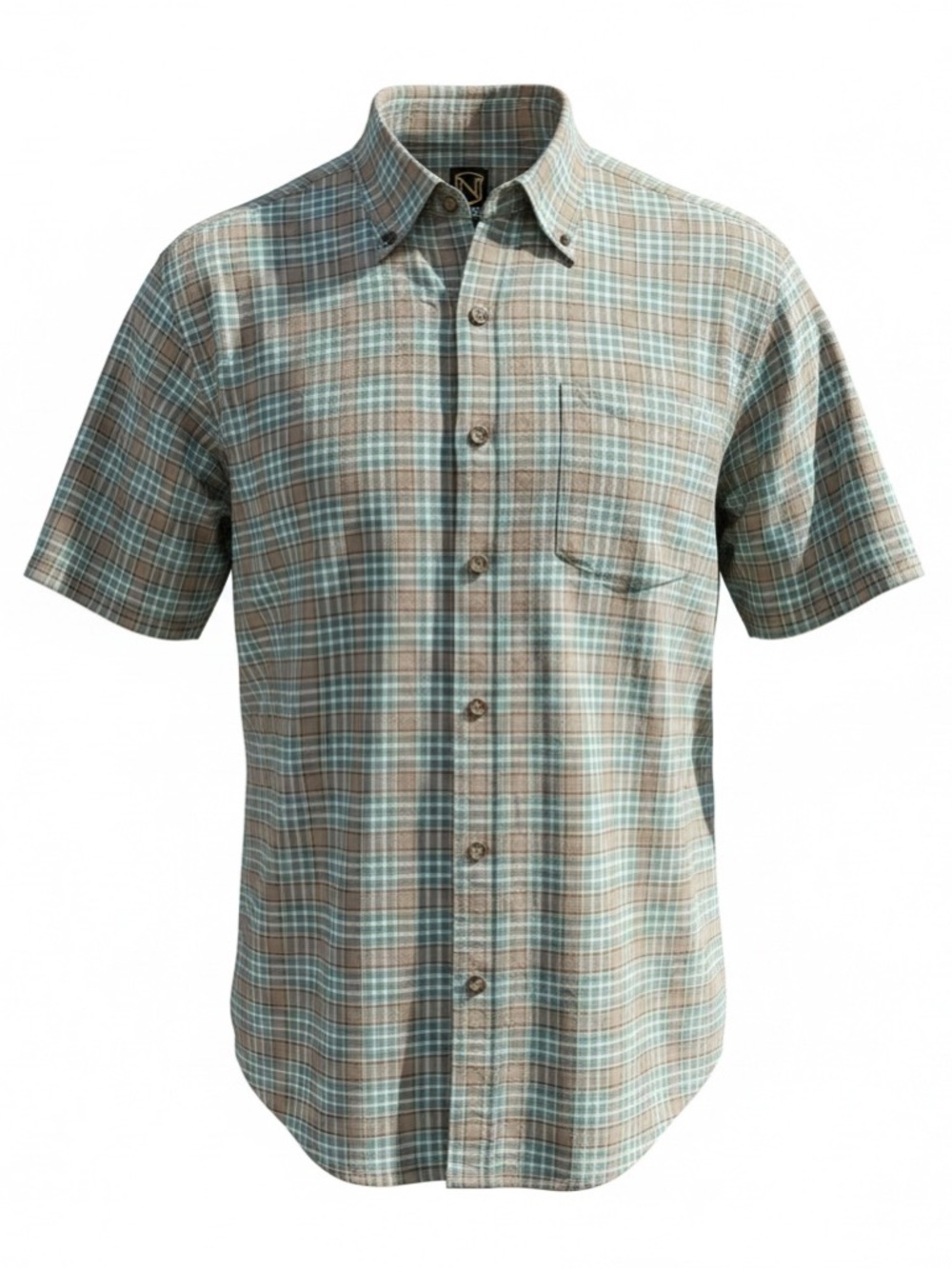 Men's Short-Sleeve Plaid Button-Down Shirt - Light Blue & Brown
